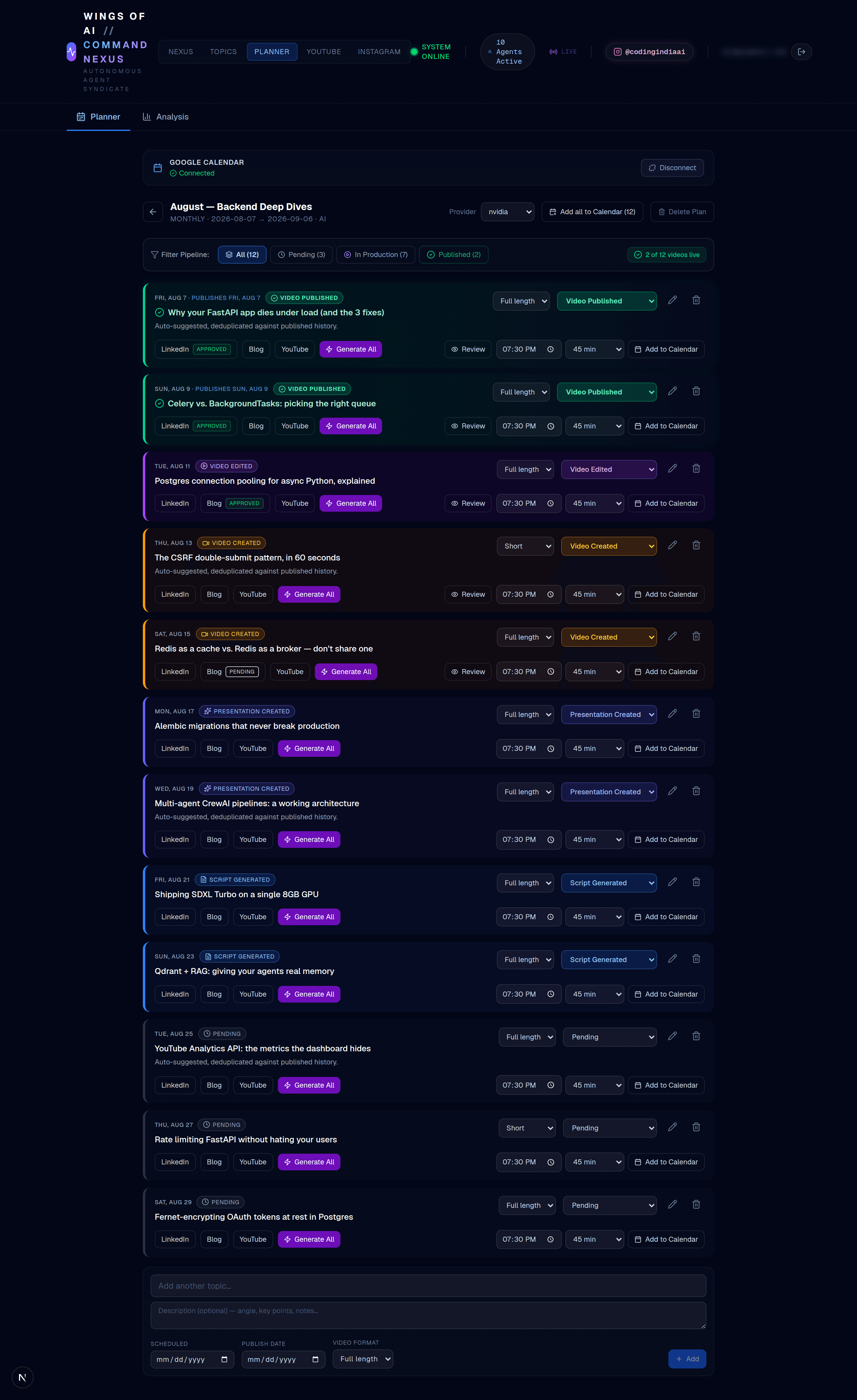 A monthly content plan with twelve items, each showing its production stage, platform buttons, scheduled time and calendar action