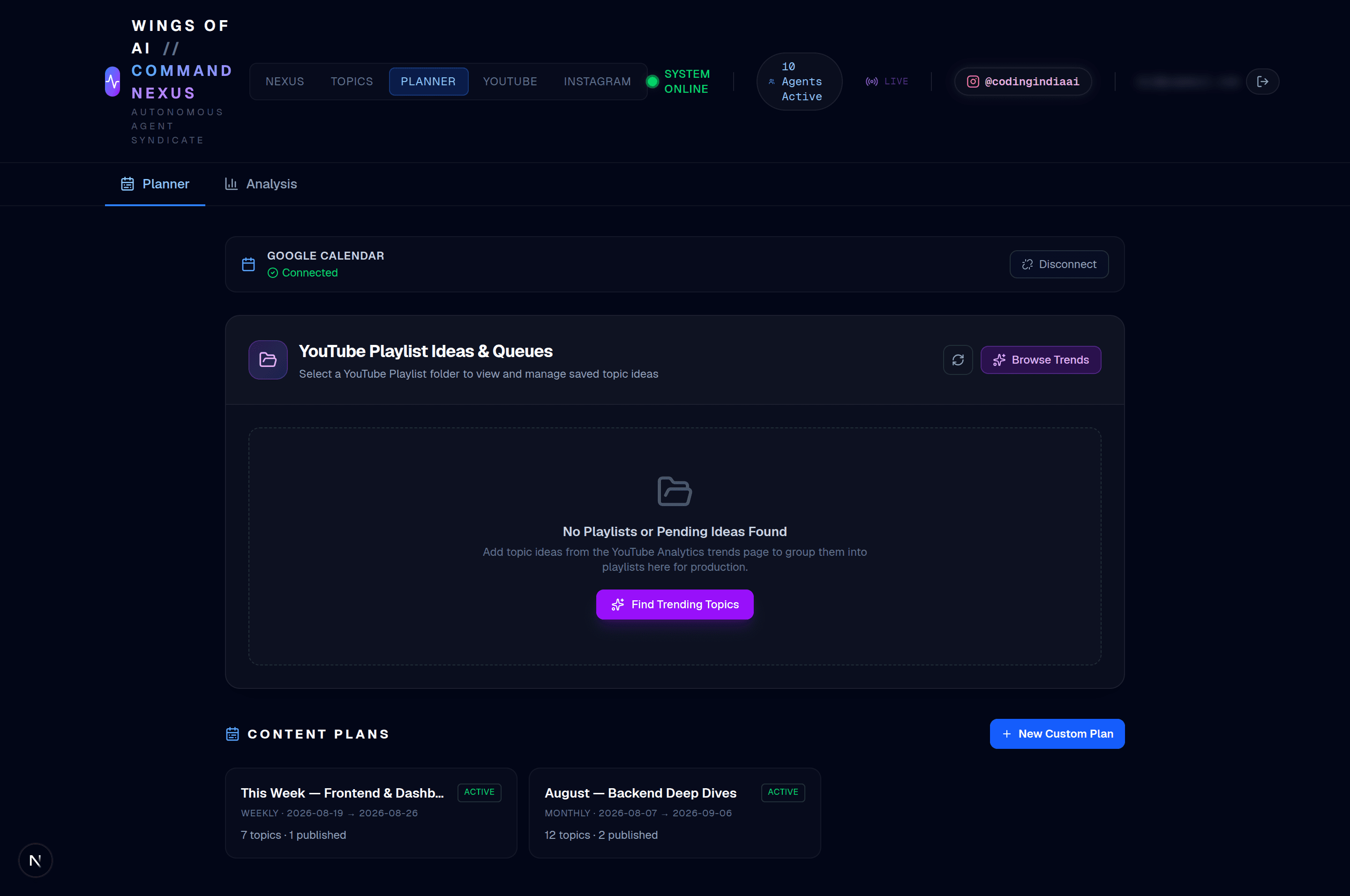 The content planner showing connected Google Calendar, playlist queues and the list of active content plans