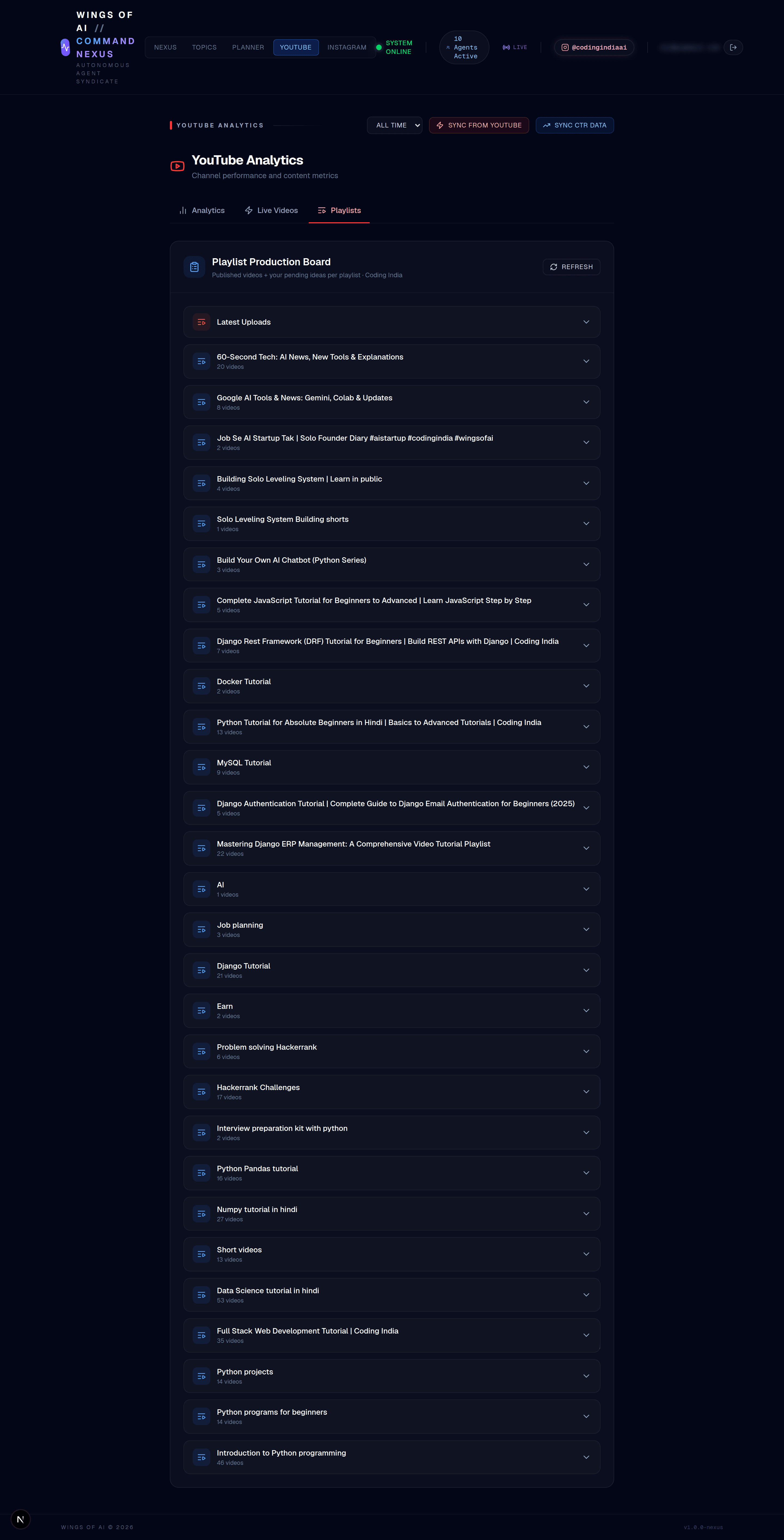 The YouTube playlist production board tracking video ideas from idea through to published